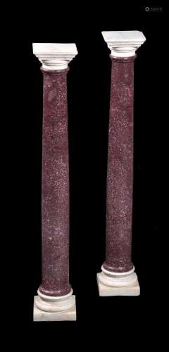 A PAIR OF WHITE MARBLE AND RED PORPHYRITIC STONE COLUMNS, 20...