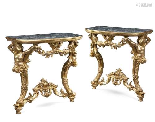 A PAIR OF ITALIAN CARVED GILTWOOD CONSOLE TABLES, LATE 18TH/...