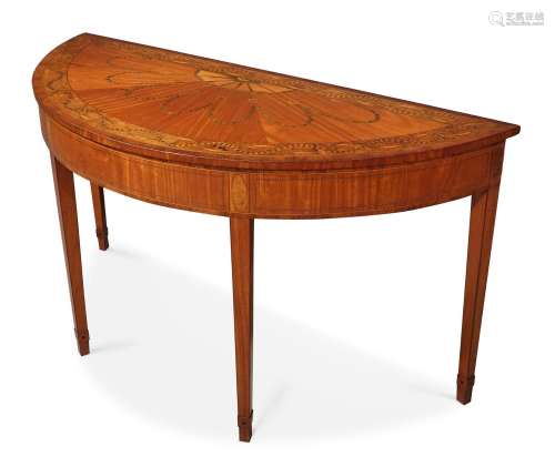 Y A SATINWOOD, AMBOYNA AND MARQUETRY DEMI-LUNE SIDE TABLE, I...