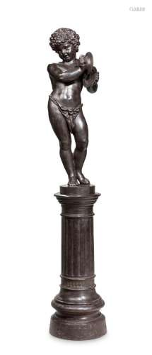 A LARGE CAST IRON FIGURE OF A PUTTI PLAYING CYMBALS, LATE 19...