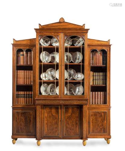 Y A REGENCY ROSEWOOD AND BRASS INLAID BREAKFRONT LIBRARY BOO...