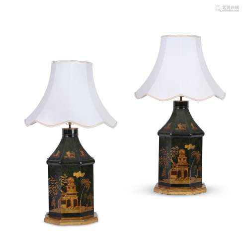 A PAIR OF GREEN AND GILT DECORATED TOLE LAMP BASES, IN THE R...