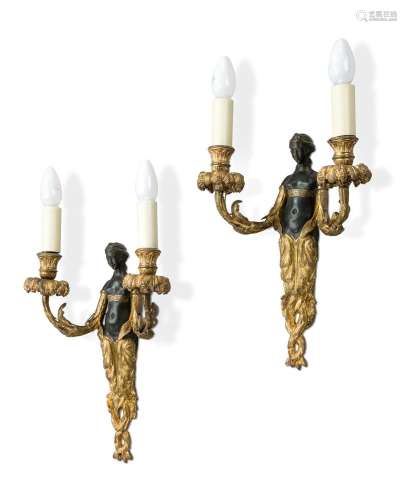 A PAIR OF GILT BRONZE AND BRONZE WALL LIGHTS, IN THE 18TH CE...