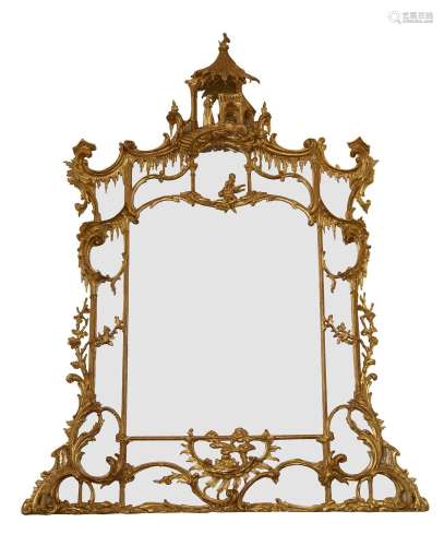 A LARGE CARVED GILTWOOD OVERMANTLE MIRROR, IN GEORGE III STY...