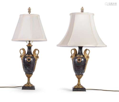 A PAIR OF MARBLE AND GILT BRONZE MOUNTED LAMP BASES, IN THE ...