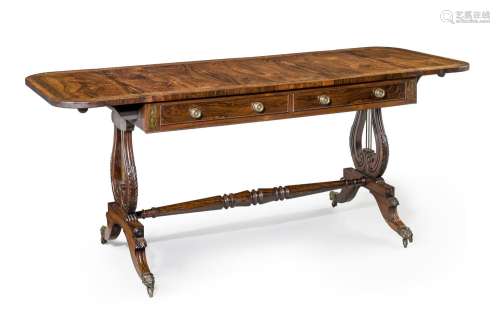 Y A REGENCY ROSEWOOD AND BRASS MARQUETRY SOFA TABLE, CIRCA 1...