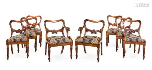 A SET OF EIGHT GEORGE IV CARVED MAHOGANY DINING CHAIRS, ATTR...