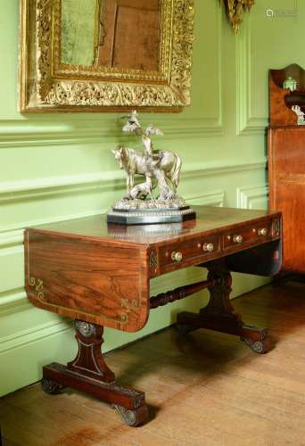 Y A GEORGE IV ROSEWOOD, BRASS INLAID AND GILT METAL MOUNTED ...