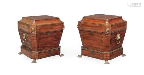 A PAIR OF REGENCY MAHOGANY AND BRASS INLAID WINE COOLERS, CI...
