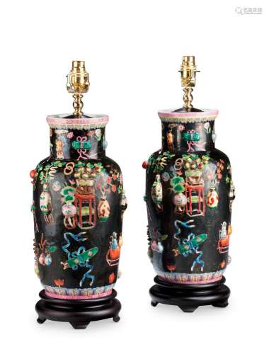 A PAIR OF CHINESE BLACK-GROUND FAMILLE ROSE VASES, 19TH CENT...