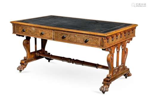 A GEORGE IV POLLARD OAK LIBRARY TABLE, IN THE MANNER OF GILL...