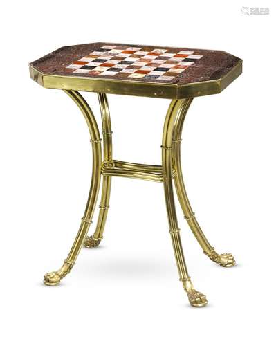 A GILT METAL AND SPECIMEN MARBLE CHESS-BOARD INSET OCCASIONA...