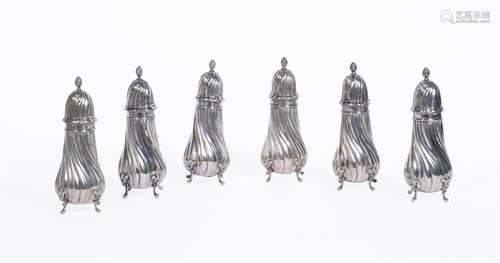 A MATCHED SET OF 6 CONTINENTAL SILVER COLOURED SUGAR CASTERS...