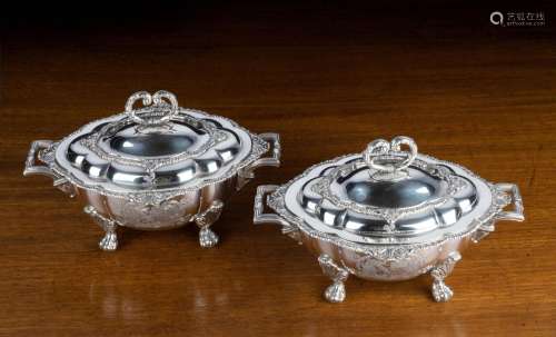 A PAIR OF GEORGE IV SILVER SAUCE TUREENS AND COVERS, ROBERT ...