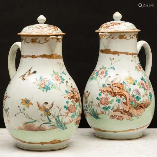 Large Pair of Chinese Export Famille Rose Porcelain Jugs and...