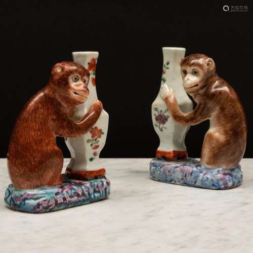 Pair of Chinese Export Porcelain Models of Monkeys with Vase...