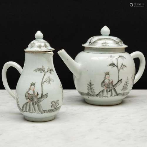 Chinese Export Grisaille Porcelain European Subject Teapot a...