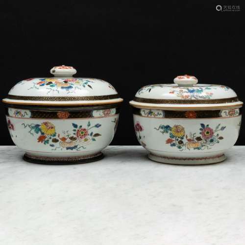 Two Chinese Export Famille Rose Porcelain Soup Tureens and C...