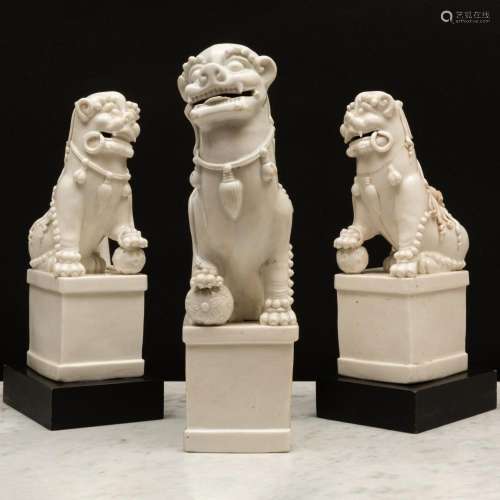 Group of Three Blanc de Chine Porcelain Buddhistic Lion Joss...