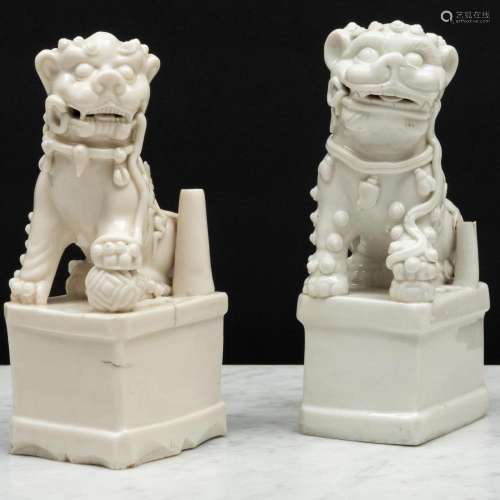 Two Blanc de Chine Porcelain Buddhistic Lion Joss Stick Hold...