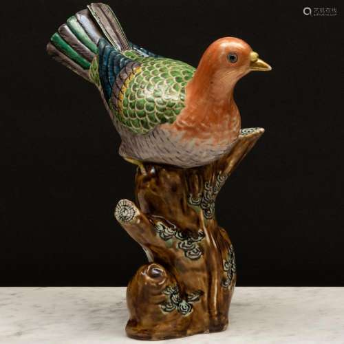 Chinese Export Famille Rose Porcelain Model of a Dove Atop a...