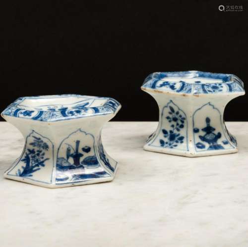 Two Chinese Export Blue and White Porcelain Hexagonal Salts