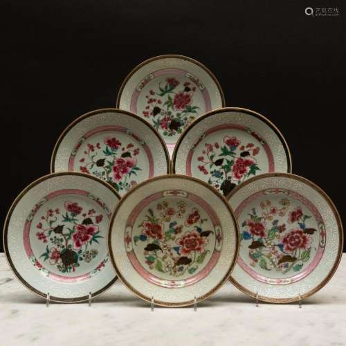 Set of Six Famille Rose and Underglaze Blue Porcelain Soup P...