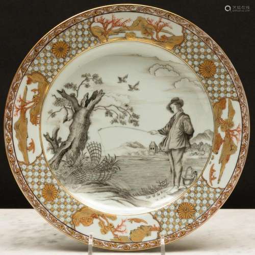 Chinese Export Grisaille Porcelain  Fisherman  Plate