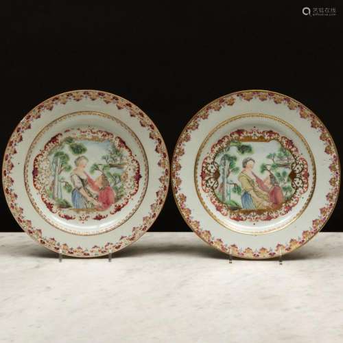 Two Chinese Export Porcelain Meissen Style European Subject ...