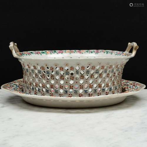 Chinese Export Famille Rose Porcelain Basket and Stand