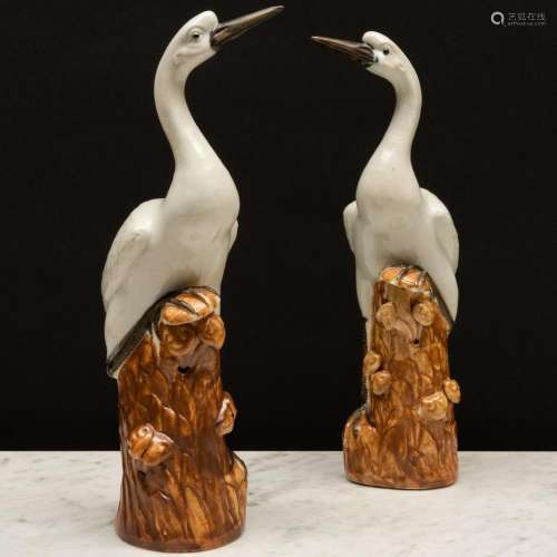 Pair of Chinese Export Porcelain Models of White Cranes Atop...