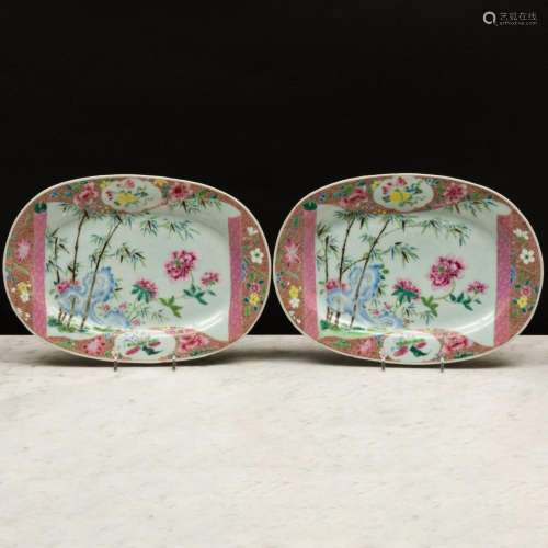Pair of Chinese Export Famille Rose Porcelain Oval Dishes