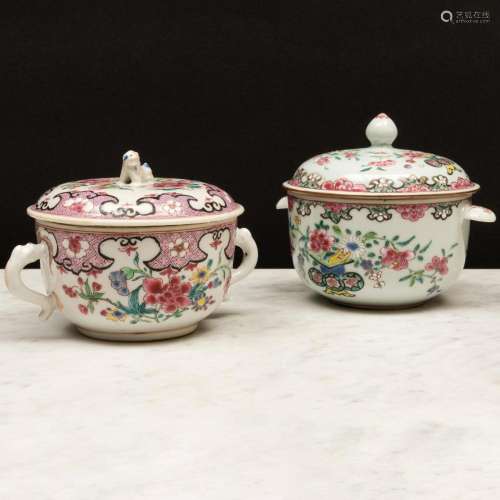 Two Similar Chinese Export Famille Rose Porcelain Ecuelles a...