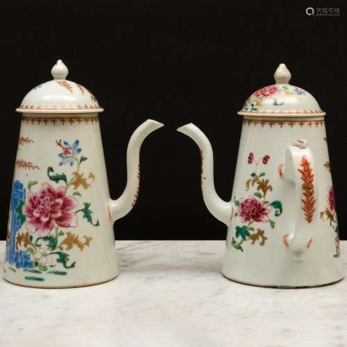 Pair of Chinese Export Famille Rose Porcelain Chocolate Pots...