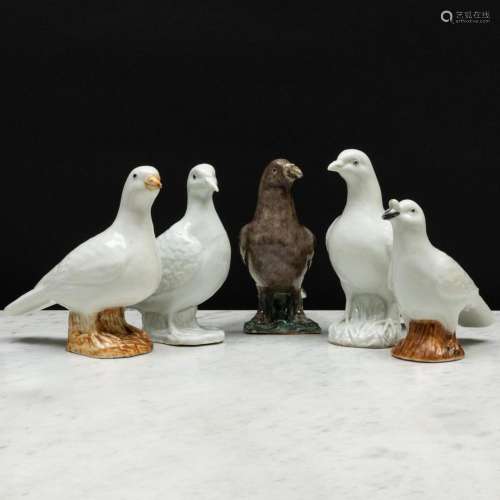 Group of Four Chinese Export Porcelain Models of Doves and a...