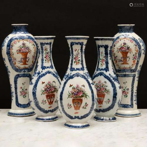 Group of Five Famille Rose and Underglazed Blue Porcelain Fl...