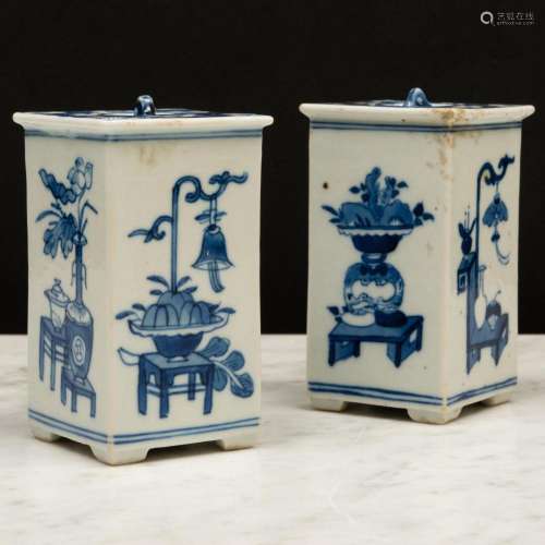 Pair of Small Chinese Export Blue and White Porcelain Square...