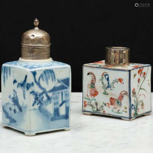 Chinese Export Famille Vert Porcelain Tea Caddy and a Blue a...