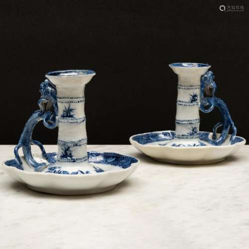 Pair of Chinese Export Blue and White Porcelain Chamberstick...