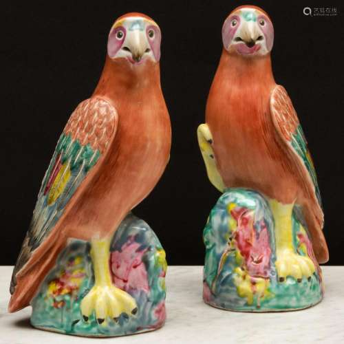 Pair of Chinese Export Famille Rose Porcelain Models of Hawk...