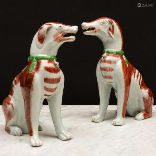 Pair of Porcelain Iron Red Decorated Models of Hounds, Possi...