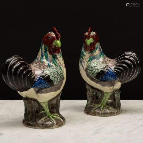 Pair of Chinese Export Famille Verte Porcelain Models of Coc...