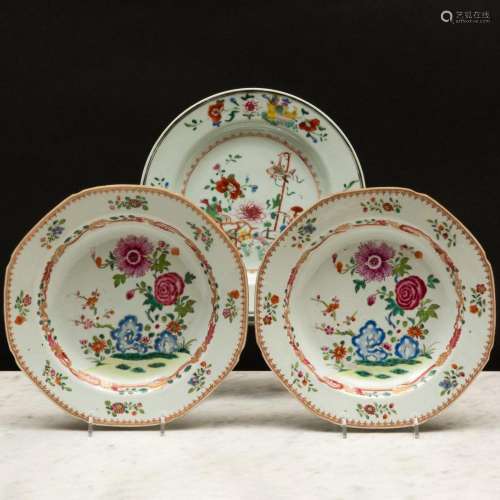 Pair of Famille Rose Porcelain Octagonal Soup Plates and a P...