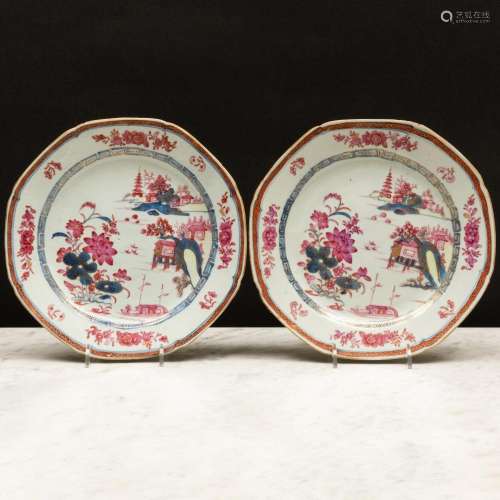 Pair of Chinese Export Puce and Cobalt Blue Porcelain Octago...