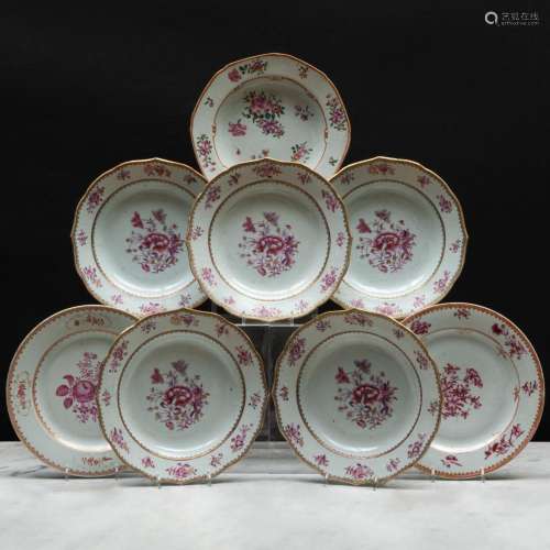 Group of Six Chinese Export Famille Rose Porcelain Soup Plat...