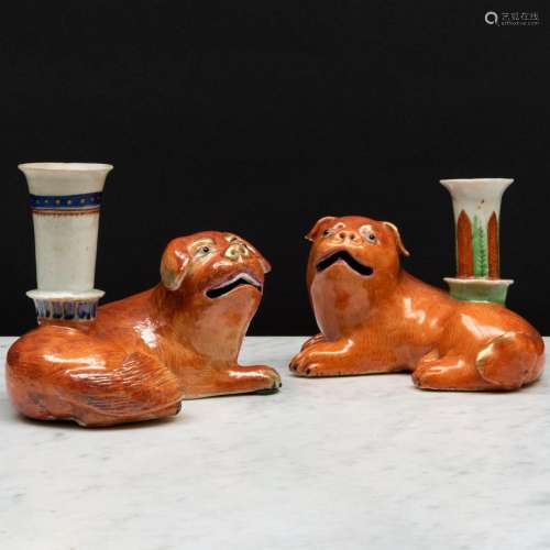 Two Chinese Export Canton Famille Rose Porcelain Pug Dog For...