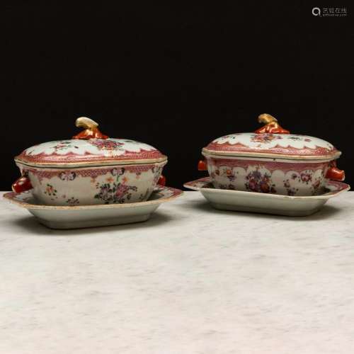 Pair of Chinese Export Famille Rose Porcelain Sauce Tureens,...