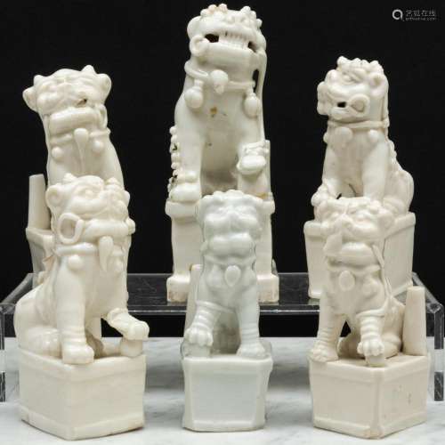 Group of Six Blanc de Chine Porcelain Buddhist Lion Joss Sti...