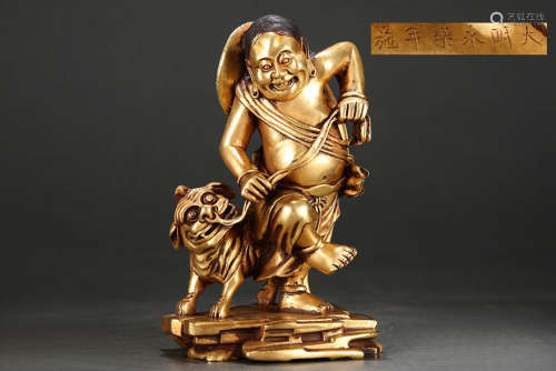 明精铸紫铜胎鎏金刘海戏瑞兽立像