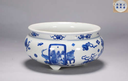 Qing Dynasty Kangxi blue and white BOGUTU incense burner